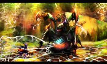 Rule 34 | armor, battle, bug, claws, fighting, floating hair, full armor, gun, hairband, holding, holding sword, holding weapon, lance, letterboxed, masayoshi, monster, monster hunter (series), monster hunter 4, nerscylla, polearm, silk, spider, spider web, standing, sword, thread, weapon, wind