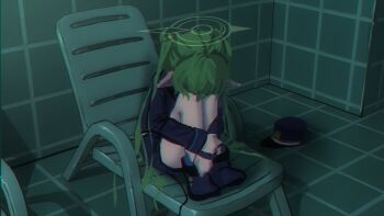 Rule 34 | 1girl, backrooms (creepypasta), black shoes, blue archive, chair, commentary, curled up, dream pool, green hair, green halo, halo, hat, head down, highres, hugging own legs, indoors, knees up, liminal space, long hair, long sleeves, lounge chair, medama soft, nozomi (blue archive), on chair, pointy ears, shoes, sitting, solo, tile floor, tile wall, tiles, twintails, unworn hat, unworn headwear