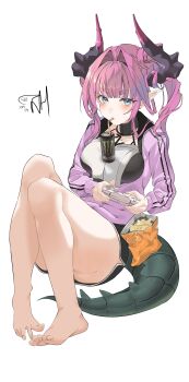 1girl absurdres arknights arknights:_endfield barefoot black_horns black_shorts blue_eyes blush can commentary commission controller dolphin_shorts doritos drink drink_can drinking drinking_straw drinking_straw_in_mouth food full_body game_controller green_tail hair_intakes highres holding holding_controller holding_game_controller horns jacket korean_commentary logo long_sleeves looking_at_viewer medium_hair monster_energy nachos pink_hair pink_horns pink_jacket pointy_ears product_placement shorts signature simple_background sitting solo syuje tail white_background yvonne_(arknights)