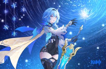 1girl absurdres black_gloves black_hairband blue_background blue_cape blue_hair blue_necktie boots cape chest_harness chinese_commentary clothing_cutout commentary_request cowboy_shot crossed_legs eula_(genshin_impact) floating floating_object genshin_impact gloves greatsword hair_between_eyes hairband hanging_props harness high-waist_shorts highres holding holding_sword holding_weapon light_particles logo long_sleeves looking_at_object medium_hair multicolored_eyes necktie night open_mouth outstretched_arm purple_eyes reaching rinrin_(scarlet) shorts shoulder_cutout sidelocks sky snowing solo song_of_broken_pines_(genshin_impact) sparkle star_trail sword thigh_boots two-tone_gloves vision_(genshin_impact) weapon white_sleeves wide_sleeves yellow_eyes