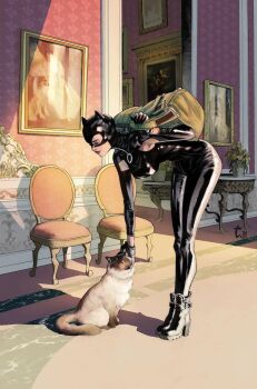 1girl animal_ears artist_name bag black_bodysuit black_gloves black_mask bodysuit boots breasts cat cat_ears catwoman catwoman_(comic) catwoman_costume_(2018) chair comic_cover commentary dated dc_comics english_commentary fake_animal_ears fingernails flower gloves high_heel_boots high_heels highres holding holding_bag indoors large_breasts long_fingernails official_art painting_(object) petting selina_kyle shrug_(clothing) sleeveless sleeveless_bodysuit solo table textless_version tirso_cons wallpaper_(object)
