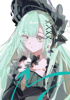 Rule 34 | 1girl, arknights, bang dream!, bang dream! it's mygo!!!!!, black bonnet, black shirt, bonnet, chinese commentary, closed mouth, commentary request, earrings, eyes visible through hair, green hair, green ribbon, hair ornament, highres, jewelry, long hair, neck ribbon, ribbon, shirt, simple background, solo, stud earrings, tuitangguxuanshou, upper body, wakaba mutsumi, wakaba mutsumi (marionette's id), white background, x hair ornament, yellow eyes