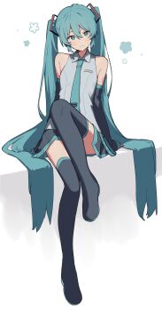 1girl absurdres aqua_eyes aqua_hair aqua_nails aqua_necktie bare_shoulders black_skirt black_sleeves black_thighhighs boots closed_mouth collared_shirt detached_sleeves full_body grey_shirt hair_between_eyes hashtag-only_commentary hatsune_miku headgear highres leg_up long_hair looking_at_viewer microphone nail_polish necktie number_tattoo pleated_skirt shiratakiseaice shirt shoulder_tattoo sitting skirt sleeveless sleeveless_shirt sleeves_past_wrists solo tattoo thigh_boots thighhighs twintails very_long_hair vocaloid white_background