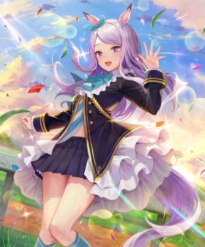1girl animal_ears arm_up black_jacket black_skirt blush bow breasts cloud collar dot_nose ear_ribbon female_focus flat_color frilled_collar frilled_jacket frilled_skirt frills game_cg green_bow green_ribbon green_socks horse_ears horse_girl horse_tail jacket juliet_sleeves layered_skirt legs long_hair long_sleeves looking_at_viewer mejiro_mcqueen_(frontline_elegance)_(umamusume) mejiro_mcqueen_(umamusume) midriff miniskirt navel official_art open_mouth outdoors pleated_skirt puffy_long_sleeves puffy_sleeves purple_eyes purple_hair purple_tail ribbon sexually_suggestive shadowverse skirt sky small_breasts smile socks solo solo_focus stomach sunlight sweat sweatdrop tail thighs umamusume