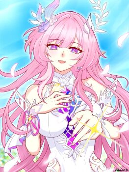 1girl artist_name bare_shoulders blue_sky breasts chaso commentary_request cyrene_(honkai:_star_rail) cyrene_(ripples_of_past_reverie)_(honkai:_star_rail) dress earrings falling_feathers feathers flower hair_flower hair_ornament highres honkai:_star_rail honkai_(series) jewelry large_breasts looking_at_viewer multicolored_hair pink_hair pointy_ears purple_eyes sky smile solo two-tone_hair white_dress white_hair