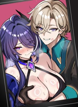 1boy 1girl absurdres acheron_(honkai:_star_rail) aventurine_(honkai:_star_rail) bare_shoulders bite_mark bite_mark_on_breast black_gloves blonde_hair blush breasts cleavage collared_shirt crop_top gloves grabbing_another&#039;s_breast green_shirt groping hetero highres honkai:_star_rail honkai_(series) lipstick_mark lipstick_mark_on_face long_hair mini2chainz multicolored_eyes purple_eyes purple_hair shirt short_hair smile two-tone_eyes very_long_hair