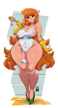 1girl alternate_hairstyle apron arms_at_sides bayeuxman black_eyes breasts cameltoe cartoon_network curvy dark-skinned_female dark_skin dexter&#039;s_laboratory dexter&#039;s_mom earrings female_focus full_body gloves highres jewelry large_breasts legs lips long_hair looking_at_viewer mature_female naked_apron orange_hair short_hair simple_background solo standing tan tanline thick_thighs thighs very_long_hair wide_hips yellow_gloves