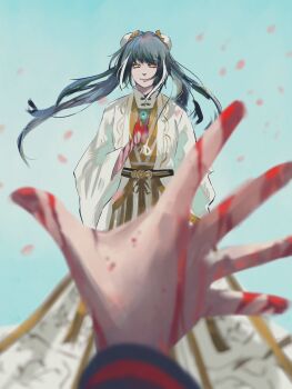 Rule 34 | 1boy, 1girl, alternate universe, aqua eyes, bags under eyes, black hair, black sash, blood, blood on clothes, blood on hands, bun cover, china dress, chinese clothes, coat, commentary, cosplay, double bun, dress, english commentary, eyeball, hair bun, highres, holding, holding eyeball, hong lu (project moon), hvcassini98, jia mu (project moon), jia mu (project moon) (cosplay), jia xichun (project moon), limbus company, long hair, multicolored hair, open clothes, open coat, petals, pink petals, pov, pov hands, project moon, reaching, reaching towards another, sash, smile, twintails, two-tone hair, waist sash, white coat, white dress, white hair, yellow eyes