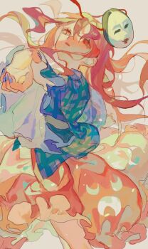 1girl blue_nails blue_shirt commentary_request cowboy_shot expressionless fingernails floating_hair grey_background hata_no_kokoro head_back highres long_hair long_sleeves looking_at_viewer mask mask_on_head noh_mask open_mouth pink_hair pink_skirt plaid_clothes plaid_shirt shinjitsu_no_kuchi shirt skirt solo touhou