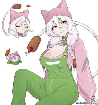 1girl animal_ear_headwear animal_ears animal_hat bandaid bandaid_on_face bandaid_on_nose beanie bell braid breasts bright_pupils cat_ears cat_tail cattail cattail_(plants_vs._zombies) choker cleavage closed_eyes closed_mouth commentary creature_and_personification double-parted_bangs english_commentary eyeliner fake_animal_ears fang green_choker green_eyes green_overalls hat highres jingle_bell large_breasts long_hair long_sleeves looking_to_the_side makeup morgzkun multiple_views neck_bell open-chest_sweater overalls personification pink_hat pink_sweater plant plants_vs._zombies red_eyeliner reference_inset simple_background sitting skin_fang smile sweater tail twin_braids white_background white_hair