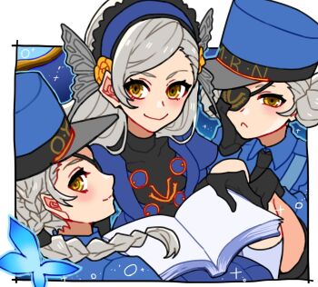 3girls black_gloves black_necktie blue_dress blue_hairband blue_hat blue_shirt book bug butterfly caroline_(persona_5) closed_mouth commentary dress eyepatch frown gloves grey_hair hairband hat holding holding_book insect justine_(persona_5) lavenza_(persona_5) long_sleeves looking_at_viewer maitakepasuta multiple_girls necktie open_book persona persona_5 shirt smile symbol-only_commentary upper_body yellow_eyes