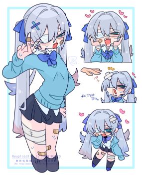 1boy :o bandage_on_hair bandaged_fingers bandaged_leg bandaged_neck bandaged_wrist bandages bandaid bandaid_on_cheek bandaid_on_face bandaid_on_finger bandaid_on_hand bandaid_on_leg black_skirt black_socks blood blue_bow blue_bowtie blue_cardigan blue_eyes blue_hair blue_shoes blush bow bowtie bulge cardigan chibi collared_shirt colored_tips commentary crossdressing crossdressing_(mtf) disembodied_hand double-parted_bangs ear_piercing eyepatch fang fangs feet_out_of_frame flipped_hair full_body hair_between_eyes hair_bow hair_intakes hair_ornament hand_on_own_hip hand_up hands_up heart high_heels highres kneehighs legs_apart long_hair long_sleeves looking_at_viewer male_focus medical_eyepatch miniskirt multicolored_hair multiple_views narrowed_eyes no_nose nosebleed off_shoulder one_eye_covered op_na_yarou open_cardigan open_clothes open_mouth original piercing pleated_skirt portrait quad_tails raised_inner_eyebrows red_hair rigel_(op_na_yarou) shirt shoes sidelocks simple_background skin_fang skirt sleeves_past_fingers sleeves_past_wrists socks standing straight_hair sweat sweatdrop thighs trap upper_body v very_long_hair watermark white_background white_hair white_shirt x_hair_ornament