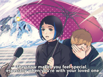 1boy 1girl animification artist_name battle blush cannon chest_cannon covering_face directed-energy_weapon embarrassed energy_cannon energy_weapon gipsy_danger glowing interview jaeger_(pacific_rim) kaiju legendary_pictures mako_mori mecha meme microphone monster nuclear_vortex_turbine pacific_rim pan_pacific_defense_corps parody raleigh_becket reammara robot science_fiction shared_umbrella signature special_feeling_(meme) umbrella water weapon