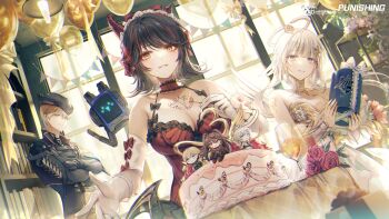 1boy 2girls absurdres balloon black_hair black_hat black_jacket blonde_hair blue_eyes breasts cake commentary crossed_arms crossed_bangs cup dress drinking_glass dutch_angle english_commentary flower food gloves grey_eyes halo happy_anniversary hat highres holding_matchstick indoors jacket large_breasts lee:_hyperreal_(scarlet_redeemer)_(pgr) lee_(pgr) liv:_empyrea_(wings_of_dawn)_(pgr) liv_(pgr) looking_at_viewer lucia:_plume_(pgr) lucia:_plume_(vermillion_bargain)_(punishing:_gray_raven) lucia_(pgr) multicolored_hair multiple_girls official_alternate_costume ozzingo punchy_(punishing:_gray_raven) punishing:_gray_raven red_dress red_hair rose smile streaked_hair two-tone_hair white_dress white_gloves white_hair yellow_eyes