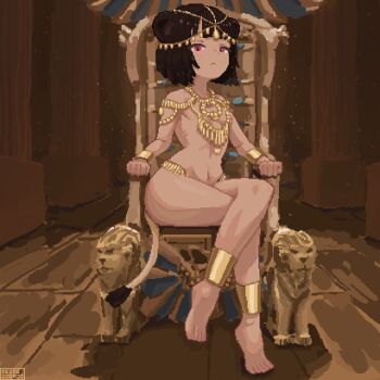 1girl :&lt; ancient_egyptian animal_ears anklet bangle barefoot black_hair bracelet breasts closed_mouth commentary crossed_legs dark-skinned_female dark_skin english_commentary expressionless feet full_body brown_egyptian_cat-eared_loli_(trend) jewelry jordan_reine lion_ears lion_girl lion_tail loli looking_at_viewer original pink_eyes pixel_art short_hair sitting sitting_on_throne small_breasts solo tail throne