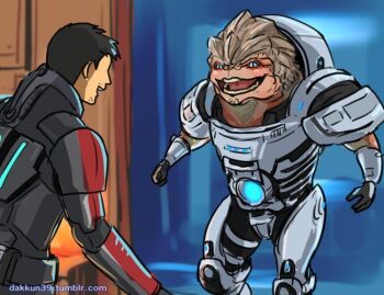 2boys alien commander_shepard commander_shepard_(male) dakkun39 grunt_(mass_effect) krogan mass_effect_(series) multiple_boys n7_armor reunited tumblr tumblr_username