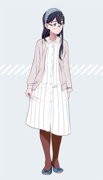 1girl alternate_costume black_hair blue_eyes blue_shoes brown_pantyhose closed_mouth collared_dress commentary dress english_commentary flats full_body glasses grey_background grey_jacket hair_between_eyes hairband jacket kantai_collection long_hair long_sleeves ojipon ooyodo_(kancolle) pantyhose shoes simple_background solo standing white_dress