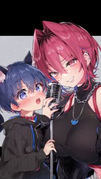 1boy 1girl animal_collar animal_ears black_hoodie blue_eyes blue_hair blush breasts chain chain_necklace collar ear_piercing earrings hair_intakes highres holding holding_microphone hood hood_down hoodie jewelry large_breasts lips microphone morishima_kon necklace open_mouth original piercing pink_eyes pink_hair red_collar watermark