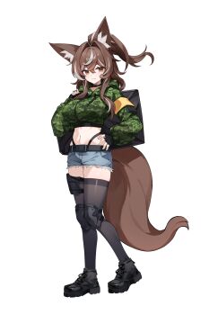 1girl :3 absurdres animal_ears armband belt black_choker black_shoes black_thighhighs blue_shorts boots breasts brown_hair cadpat callisto_(greyeth) camouflage camouflage_jacket choker closed_mouth commentary crop_top cropped_jacket cutoffs denim denim_shorts drawstring english_commentary fox_ears fox_girl fox_tail full_body green_jacket half_updo highleg highres hood hood_down jacket knee_pads large_breasts long_hair long_sleeves looking_at_viewer midriff multicolored_hair navel original panty_straps revision shoes short_shorts shorts simple_background smile solo stomach streaked_hair tail thighhighs thighs wang0424 white_background yellow_eyes