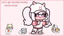 4girls alice_(nikke) alice_(sweet_home)_(nikke) all_fours animal_ear_headwear animated audible_music blonde_hair blue_eyes blush_stickers chibi commentary dancing doro_(nikke) english_commentary english_text fake_animal_ears flaming_hand full_body goddess_of_victory:_nikke hair_through_headwear hood hoodie kiwi_forest kiwichip long_hair long_sleeves looking_at_viewer ludmilla_(nikke) meme multiple_girls neve_(nikke) open_mouth pink_eyes pink_hoodie pink_pupils pokedance_(meme) round_teeth sleep_mask smile sound standing tagme teeth tove_(nikke) twintails two-tone_hoodie unlimited_(nikke) upper_teeth_only video white_footwear white_hoodie