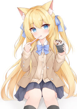 1girl animal_ear_fluff animal_ears black_socks blonde_hair blue_bow blue_eyes bow commentary_request highres holding jacket long_hair looking_at_viewer mochizuki_riku original pleated_skirt shirt sitting skirt socks solo two_side_up white_background