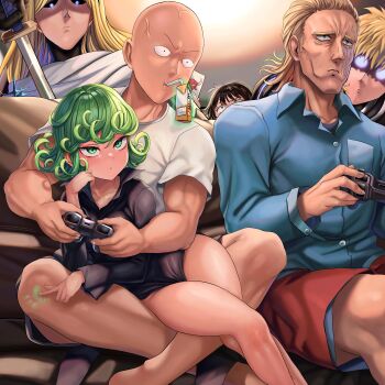 absurdres anger_vein bald barefoot black_dress black_sclera blonde_hair blue_eyes blue_shirt cape casual collared_shirt colored_sclera commentary controller couch couple curly_hair dress drink_carton drinking_straw english_commentary expressionless floating floating_object fubuki_(one-punch_man) genos highres juice_box king_(one-punch_man) one-punch_man rkrk12 saitama_(one-punch_man) scar scar_across_eye scar_on_face senkou_no_flash shirt tatsumaki