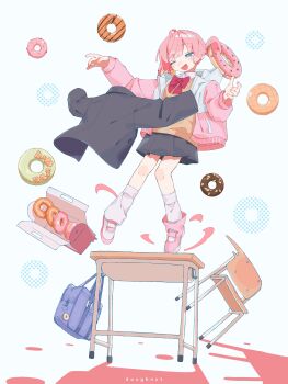 1girl ;d absurdres ahoge bag black_jacket black_skirt blue_eyes blush_stickers bow bowtie box brown_sweater chair desk donut food full_body highres jacket long_sleeves nanoni! one_eye_closed open_clothes open_jacket open_mouth original pink_hair pink_jacket pink_shoes pleated_skirt red_bow red_bowtie school_bag school_chair school_desk school_uniform shoes short_hair simple_background skirt smile socks solo standing sweater unworn_jacket white_background white_socks wing_collar