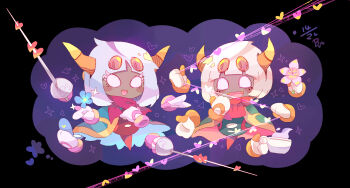 1boy 1girl beco_(100me) black_background black_vest blue_flower blunt_bangs blunt_ends blush_stickers bob_cut buttons cloak commentary_request dark-skinned_female dark-skinned_male dark_skin dated extra_eyes extra_hands fangs flower gloves green_cloak green_vest hand_on_own_chest heart highres holding holding_flower holding_string holding_sword holding_weapon horns kirby_(series) loose_hair_strand medium_hair nintendo object_floating_above_hand old_friend_(kirby) open_mouth pink_flower purple_background queen_sectonia rapier rayman_limbs red_scarf scarf short_hair signature single_stripe slit_pupils smile solid_circle_eyes sparkle string striped_cloak sword taranza two-tone_background vest weapon white_eyes white_gloves white_hair yellow_eyes yellow_horns