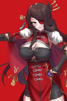1girl beidou_(genshin_impact) black_gloves black_shorts blush breasts brown_hair cape china_dress chinese_clothes chinese_hairpin cleavage cleavage_cutout closed_mouth clothing_cutout colored_eyepatch covered_collarbone dress elbow_gloves electro_symbol_(genshin_impact) eyepatch fingerless_gloves fur-trimmed_cape fur_trim genshin_impact gloves hair_ornament hairpin half_updo highres lipstick long_hair looking_at_viewer makeup multiple_hairpins nanatuma_nazuna pink_lips red_background red_cape red_dress red_eyes red_theme shorts sleeveless sleeveless_dress sleeveless_turtleneck sleeveless_turtleneck_dress smile solo standing turtleneck turtleneck_dress very_long_hair vision_(genshin_impact)