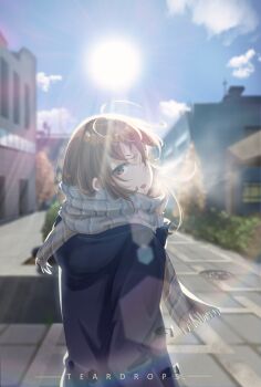 1girl absurdres artist_name black_jacket blurry blurry_background breath brown_eyes brown_hair bush cloud commentary_request day duffel_jacket grey_scarf hand_up highres house jacket long_sleeves looking_back medium_hair open_mouth original outdoors plaid_clothes plaid_scarf scarf sideways_glance sky sleeve_cuffs sleeves_past_wrists solo sun sunlight teardrops_(user_vgvd7733) tree turning_head upper_body