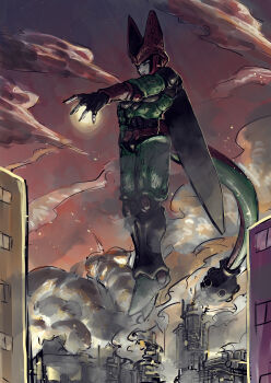 1boy absurdres black_skin black_wings cell_(dragon_ball) city cityscape closed_mouth cloud cloudy_sky colored_skin destroyed_city destroying destruction dragon_ball dragonball_z dust energy energy_ball full_body green_skin hand_up highres in_air light_particles looking_ahead looking_down male_focus midair multicolored_skin obata2nd outdoors pectorals perfect_cell pink_eyes red_skin red_sky sky smile smug solo spots tail white_skin wings yellow_skin