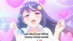 1girl animated anime_screenshot blue_hair blush bouncing_breasts braid breasts collarbone food fruit hair_ornament heart highres kokorone_awayuki large_breasts long_hair multicolored_hair orange_(fruit) orange_slice purple_eyes purple_hair shirt sidelocks sound streaked_hair subtitled tagme video virtual_youtuber vtuber_nandaga_haishin_kiriwasuretara_densetsu_ni_natteta white_shirt