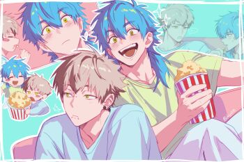 Rule 34 | ..., 2boys, barbell piercing, blue hair, blue shirt, blush, brown hair, bucket, commentary, doyo1018, dramatical murder, ear piercing, face piercing, food, green eyes, green shirt, grey pants, highres, industrial piercing, labret piercing, light blush, male focus, multiple boys, multiple views, noiz (dramatical murder), nose piercing, open mouth, pants, piercing, popcorn, seragaki aoba, shirt, short hair, sitting on another's back, spoken ellipsis, tragus piercing, twitter username, untranslatable commentary, yaoi, yellow eyes