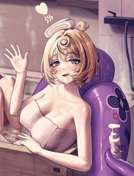 2girls bare_shoulders bathing bathtub belle_(zenless_zone_zero) blonde_hair blush breasts collarbone commentary_request cowlick hand_up heart highres indoors large_breasts looking_at_viewer mole mole_under_mouth multiple_girls naked_towel open_mouth purple_eyes purple_nails s99g short_hair steam suction_cups tentacle_girl tentacle_tail tentacles towel towel_on_head waving wet wet_hair yidhari_murphy zenless_zone_zero