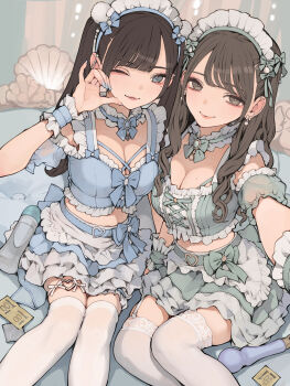 absurdres black_hair breasts brown_eyes brown_hair cleavage commentary_request condom condom_wrapper ear_piercing earrings fellatio_gesture frilled_skirt frills garter_straps green_eyes highres jewelry koh_(minagi_kou) large_breasts long_hair looking_at_viewer maid maid_headdress midriff mole mole_on_breast one_eye_closed original piercing reaching reaching_towards_viewer selfie sitting skirt smile thighhighs white_thighhighs wrist_cuffs