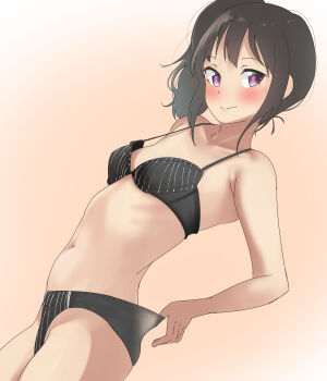 1girl adjusting_clothes adjusting_panties black_bra black_panties blush bra breasts brown_hair closed_mouth collarbone commentary_request commission cowboy_shot dutch_angle from_side gradient_background highres looking_at_viewer navel original oversized_breast_cup panties panty_tug petite pink_eyes pixiv_commission side_ponytail simple_background small_breasts smile solo strap_gap striped_bra striped_clothes striped_panties tama_(tamago) underwear underwear_only vertical-striped_clothes