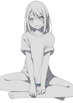 1girl absurdres barefoot blue_panties blush collarbone dot_nose grin hands_on_own_legs highres indian_style looking_at_viewer monochrome negimiso1989 original panties pantyshot shirt short_hair short_sleeves sidelocks simple_background sitting smile solo spot_color swept_bangs underwear white_background