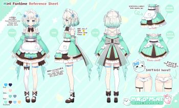 1girl ahoge apron ass ass_cutout ayamy back_bow blue_eyes bow bow_panties bowtie breasts brown_bow brown_bowtie brown_footwear buckle butt_crack center_frills character_name reference_sheet closed_mouth clothes_on_and_off clothing_cutout color_guide commentary commentary_request detached_collar detached_sleeves dress english_commentary english_text footwear_bow frilled_apron frilled_panties frilled_sleeves frills full_body ghost gluteal_fold gradient_hair green_dress green_hair green_nails hair_bow hair_ornament hairclip heart heart-shaped_buckle heart_cutout highres indie_virtual_youtuber large_bow long_sleeves maid maid_apron mint_fantome mint_fantome_(minto_2.0) mixed-language_commentary mole mole_on_ass mole_on_thigh multicolored_hair multiple_views nail_polish official_art panties pointy_ears short_hair single_thighhigh sleeves_past_wrists small_breasts smile thighhighs triangular_headpiece turnaround two_side_up underwear virtual_youtuber white_panties wide_sleeves x_hair_ornament