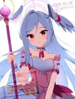 1girl absurdres bare_shoulders blue_archive breasts cleavage collarbone commentary_request detached_collar detached_sleeves dress furisuku_(gerbera) hair_intakes halo head_wings highres holding holding_wand light_blush long_hair looking_at_viewer magical_girl official_alternate_costume pink_dress pink_halo red_eyes shade simple_background single_head_wing solo suzumi_(blue_archive) suzumi_(magical)_(blue_archive) underbust upper_body very_long_hair wand white_background white_hair wings