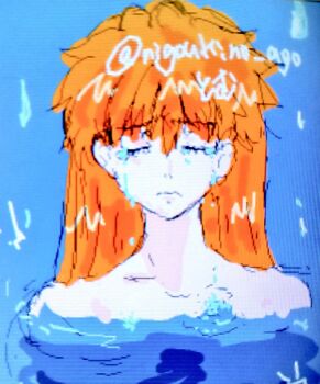 Rule 34 | 1girl, alternate hairstyle, blue background, caustics, chromatic aberration, closed eyes, completely nude, cool colored, covering privates, cropped shoulders, crying, english text, fanbox username, frown, furrowed brow, hair between eyes, jaggy lines, long hair, messy hair, mixed media, neon genesis evangelion, no hair ornament, nude, nude cover, oekaki, orange hair, partially submerged, ripples, sad, scanlines, signature, sobbing, solo, souryuu asuka langley, splashing, static, streaming tears, tears, tomryoki, upper body, water, water drop, waterfall