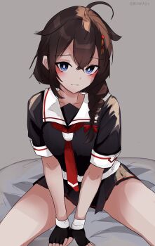 1girl ahoge black_gloves black_hair black_serafuku black_shirt black_skirt blue_eyes braid fingerless_gloves gloves grey_background hair_flaps hair_over_shoulder highres kantai_collection long_hair miron_(mirona33) neckerchief pleated_skirt red_neckerchief sailor_collar school_uniform serafuku shigure_(kancolle) shigure_kai_ni_(kancolle) shirt short_sleeves simple_background single_braid sitting skirt solo white_sailor_collar
