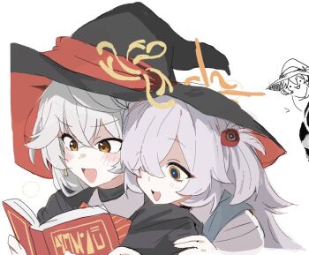 2girls :d black_coat black_eyes black_sweater blue_archive blue_dress blush book bow bowtie brown_eyes chibi chibi_inset coat crossed_bangs dress eri_(blue_archive) grey_hair hair_between_eyes hair_intakes hair_over_one_eye halo hand_on_another's_shoulder hat holding holding_book kanoe_(blue_archive) large_hat long_hair looking_at_object multicolored_eyes multicolored_hair_bobbles multiple_girls open_clothes open_coat open_mouth pinafore_dress red_bow red_bowtie shirt side_halo sleeveless sleeveless_dress smile sweater two-tone_eyes two_side_up v-shaped_eyebrows white_background white_hair white_shirt witch_hat yamanonba