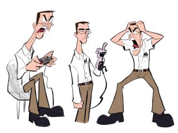 1boy absurdres angry_video_game_nerd black_shoes blue_eyes brown_pants collared_shirt commentary controller english_commentary game_controller glasses highres holding holding_controller holding_game_controller james_rolfe male_focus middle_finger multiple_views nes_gamepad open_mouth pants power_glove_(nintendo) shirt shoes short_hair simple_background sitting white_background white_shirt william_sawikin