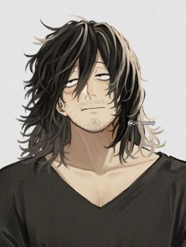 1boy aizawa_shota black_hair black_shirt bloodshot_eyes boku_no_hero_academia closed_mouth collarbone grey_background hair_between_eyes jibun0624 long_hair male_focus messy_hair scar scar_on_face shirt sideways_glance simple_background solo sparse_stubble upper_body