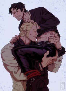 2boys beard belt black_boots black_hair black_shirt blonde_hair boots bound chain chain_necklace clothes_lift coat commentary dojima_daigo facial_hair fur-trimmed_coat fur-trimmed_sleeves fur_trim goda_ryuji hair_slicked_back highres jacket jewelry leather leather_pants licking licking_stomach lifting_person male_focus multiple_boys necklace pants ryuu_ga_gotoku_(series) ryuu_ga_gotoku_2 shirt shirt_lift sideburns studded_belt symbol-only_commentary teppn_(gattobamboom) tied_up_(nonsexual) yaoi