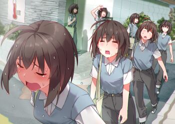 1girl absurdres ahoge bag black_hair black_pants blank_eyes bob_cut chromatic_aberration closed_eyes collared_shirt commentary_request day green_eyes highres hot one_eye_closed open_mouth original outdoors pants sequential_exposures shadow shirt shirt_tucked_in shoes short_sleeves solo summer sweat tearing_up thermometer user_hegd7837 walking