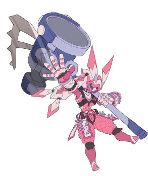 1girl absurdres armor blue_eyes breasts catball1994 chest_harness gloves hammer harness highres holding holding_weapon huge_weapon humanization large_breasts mecha_musume mechanical_hands mechanization nail_(hardware) nintendo no_humans no_mouth pink_armor pink_gloves pliers pokemon pokemon_(creature) redesign sitting solo standing standing_on_one_leg tinkaton tools weapon white_background white_gloves