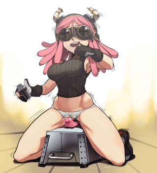 10s 1girl bad_id bad_pixiv_id black_gloves boku_no_hero_academia boots breasts controller crotch_rub fake_horns female_focus female_masturbation female_orgasm full_body gloves goggles gradient_background hatsume_mei highres holding horned_headwear horns large_breasts long_hair machine masturbation masturbation_through_clothes midriff no_pants open_mouth orgasm panties partially_fingerless_gloves pink_hair polyle pussy_juice remote_control sex_machine shoes sneakers solo sweat symbol-shaped_pupils tank_top thighs unaligned_breasts underwear white_panties wooden_horse