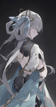 1girl absurdres back blue_bow bow closed_mouth coat colored_eyelashes commentary cowboy_shot dark_background from_behind hair_bow hair_rings hand_on_own_chest hands_up highres jinhsi_(wuthering_waves) long_hair looking_down mole mole_on_cheek pangu_terminal_(wuthering_waves) solo white_coat white_eyelashes white_eyes white_hair wuthering_waves xuegao_ice