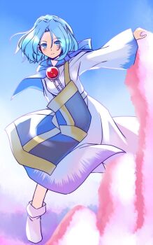 1girl apron black_apron blue_background blue_capelet blue_eyes blue_hair blush capelet commentary_request dress gem gradient_background jewelry kumoi_ichirin long_sleeves medium_hair necklace no_headwear one-hour_drawing_challenge pink_clouds rangycrow red_gemstone smile socks solo split_mouth touhou white_dress white_socks